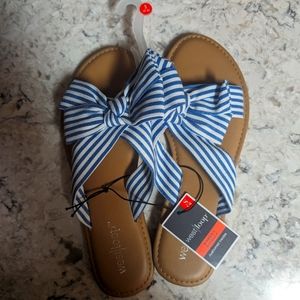 Women’s West Loop Blue & White Stripe Bow Flat Slide Sandals Size Medium 7/8